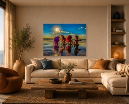 Sisters of the Sun displayed in a warm living room